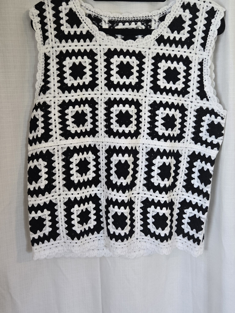 Black and White Crocheted Square-Panel Tank Top